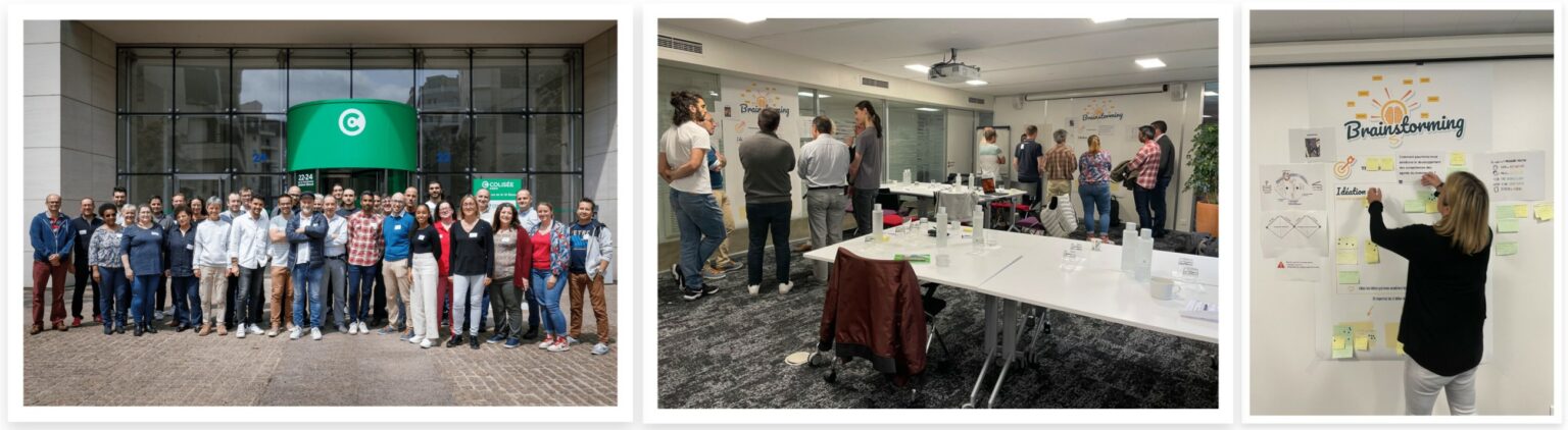 Séminaire collaboratif animé par NextStart : photo de groupe des participants, travail debout en sous-groupes et mur de brainstorming